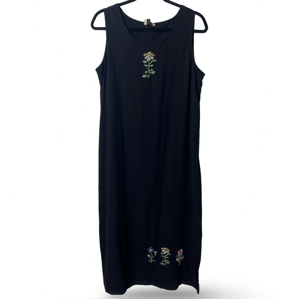 Teddi Petite Womens Vintage Black Sleeveless Cross Stitch Floral Midi Dress Sz M